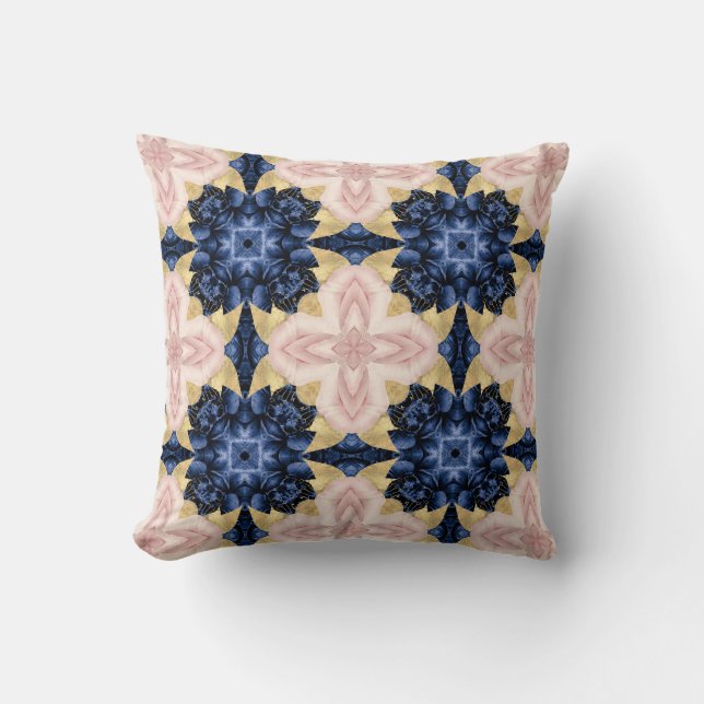 Abstract Pink Gold Navy Floral Graphic Pattern Throw Pillow (Front)
