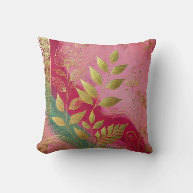 Abstract Pink-Golden Leaf Artwork Style 27 Throw Pillow (Front)