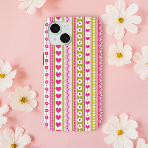 Abstract Pink green pattern  dots flowers hearts iPhone 11 Case