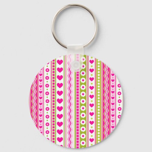 Abstract Pink green pattern  dots flowers hearts Keychain
