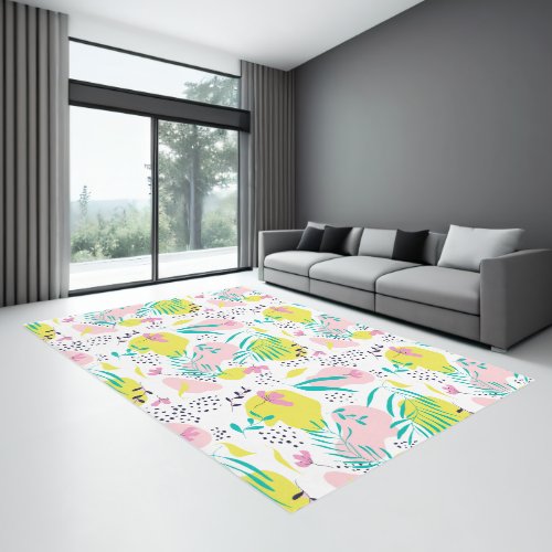 Abstract pink green shapes tropical leaf pattern rug