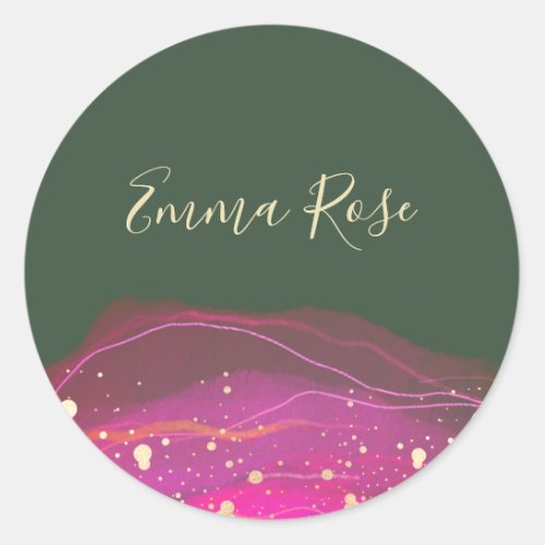 Abstract Pink Green Watercolor Gold Splatter  Classic Round Sticker