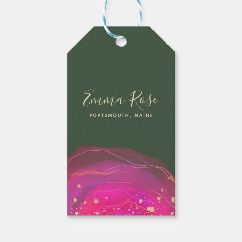 Abstract Pink Green Watercolor Gold Splatter Price Gift Tags