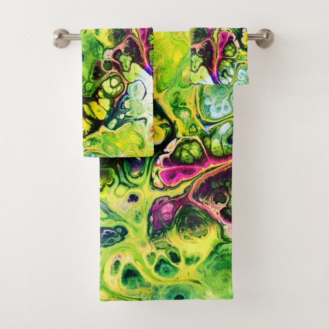 Abstract pink green, yellow marble tie dye pattern bath towel set (Insitu)