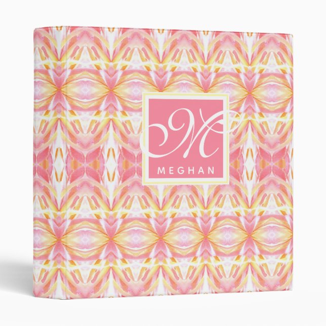 Abstract Pink Kaleidoscope Patterned - Monogram 3 Ring Binder (Front/Spine)
