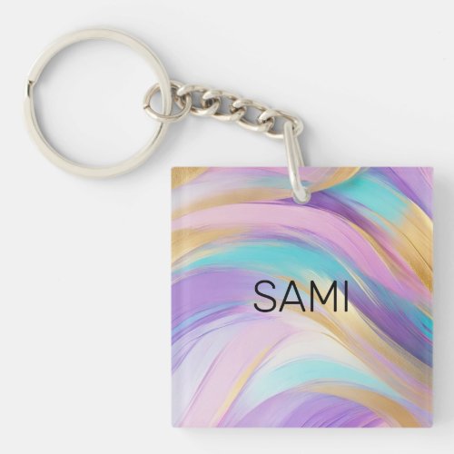 Abstract Pink Lilac Turquoise Gold Keychain
