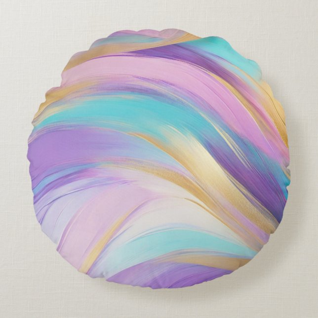 Abstract Pink Lilac Turquoise Gold Round Pillow (Front)