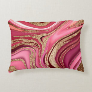 Abstract pink liquid marble with glitter gold accent pillow