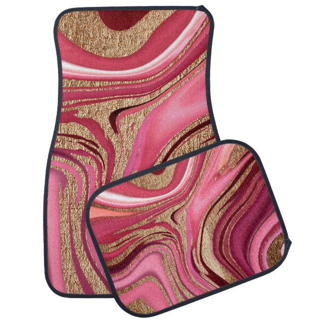 Abstract pink liquid marble with glitter gold car floor mat (Set)