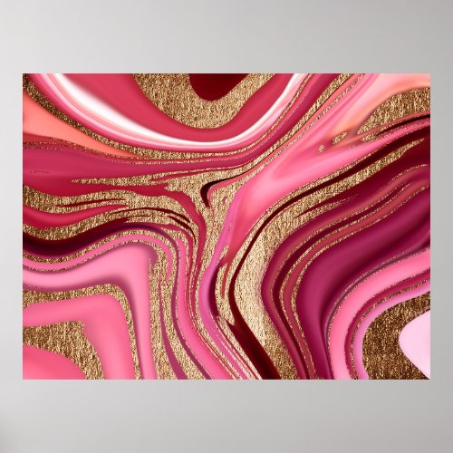 Abstract pink liquid marble with glitter gold poster