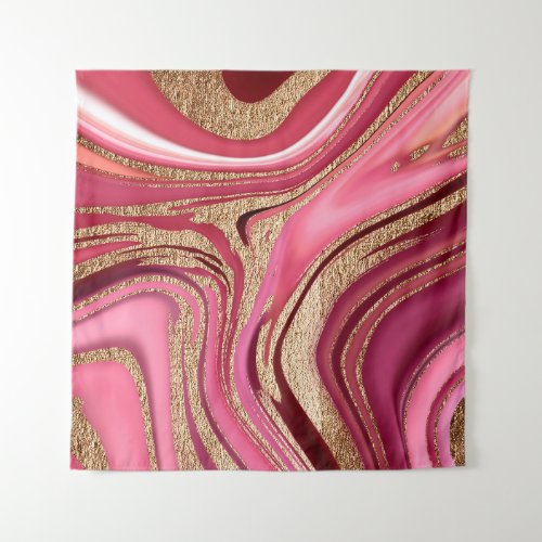 Abstract pink liquid marble with glitter gold tapestry