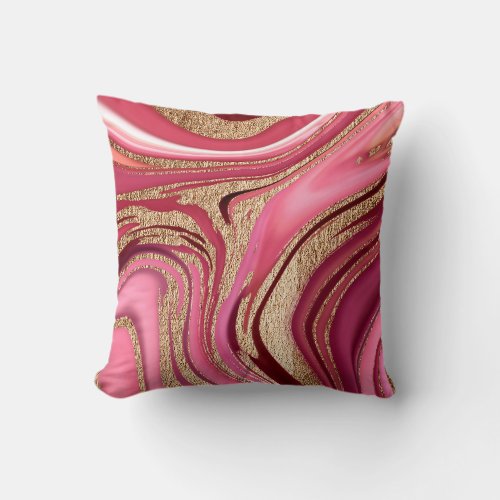 Abstract pink liquid marble with glitter gold throw pillow