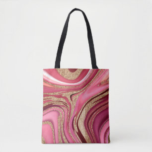 Abstract pink liquid marble with glitter gold tote bag
