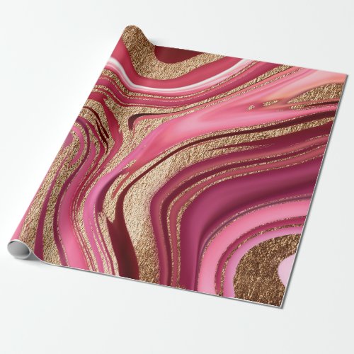 Abstract pink liquid marble with glitter gold wrapping paper