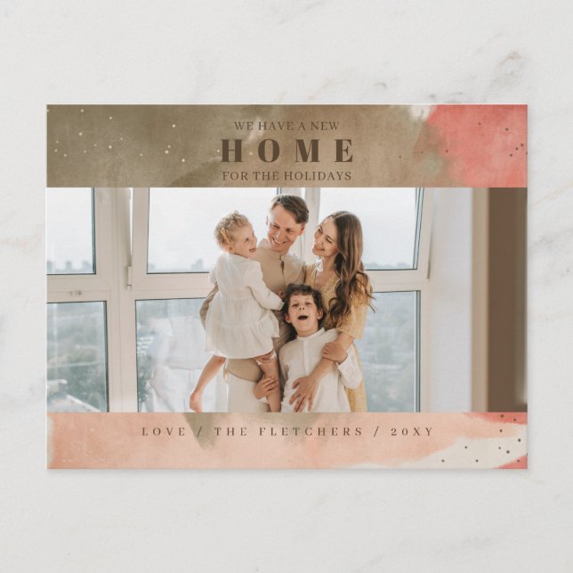 Abstract Pink New Home for Holidays Photo Moving Postcard (Front)