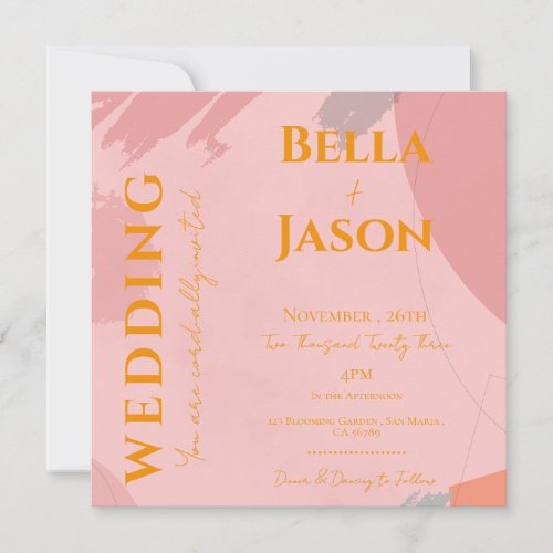 Abstract Pink Orange Brush Strokes Pretty Wedding Invitation