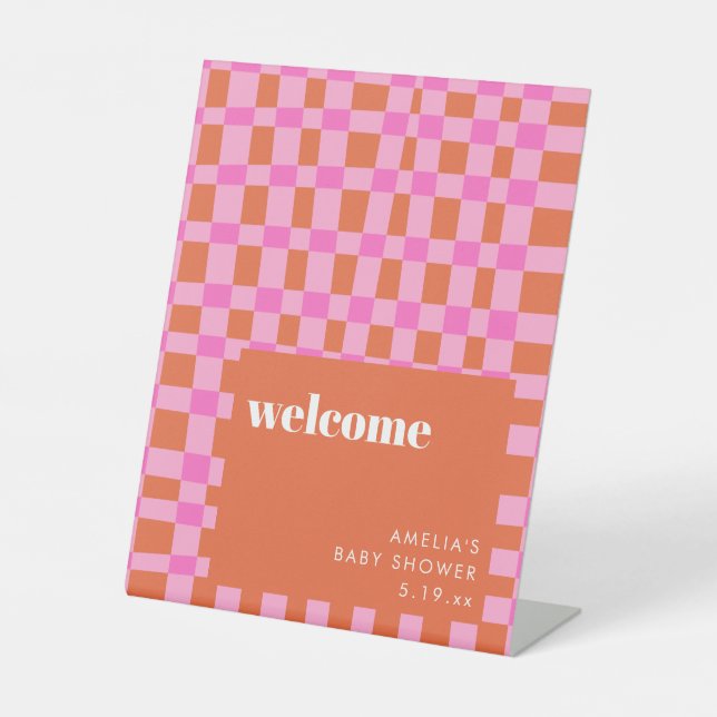 Abstract Pink Orange Custom Baby Shower Welcome Pedestal Sign (Front)