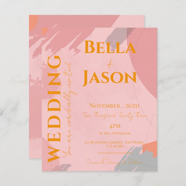Abstract Pink Orange Pretty Wedding Invitation (Front/Back)