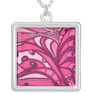 Abstract Pink Panel Painting Silver Plated Necklace