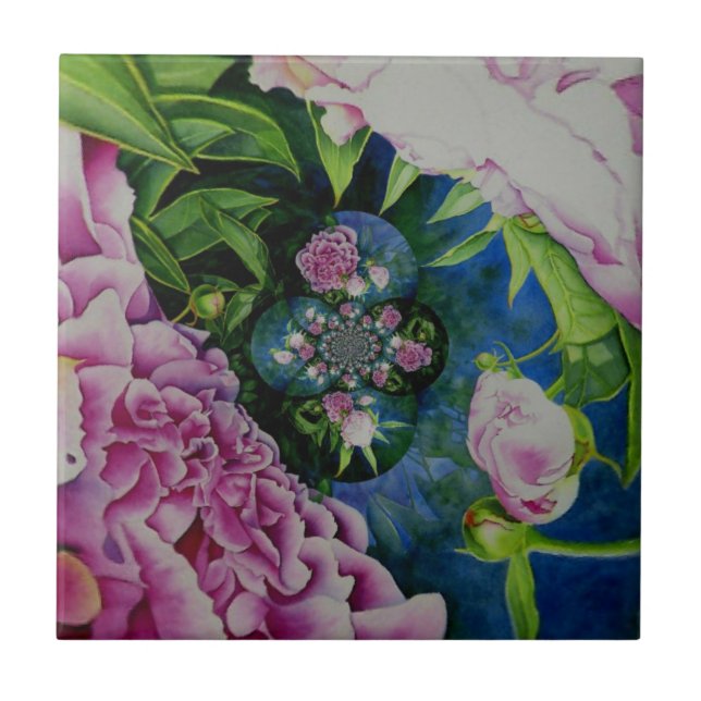 Abstract pink peony floral watercolor painting ceramic tile (Front)
