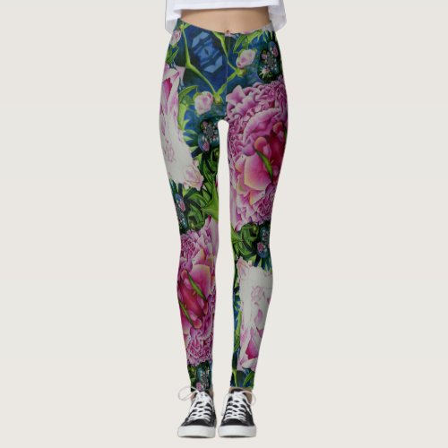 Abstract pink peony floral watercolor painting leggings