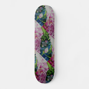 Abstract pink peony floral watercolor painting skateboard deck
