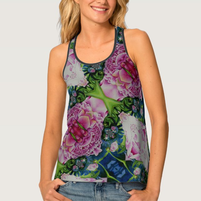 Abstract pink peony floral watercolor painting tank top (Front)