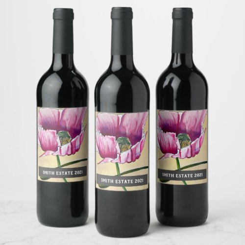 Abstract pink poppy watercolor art wine label