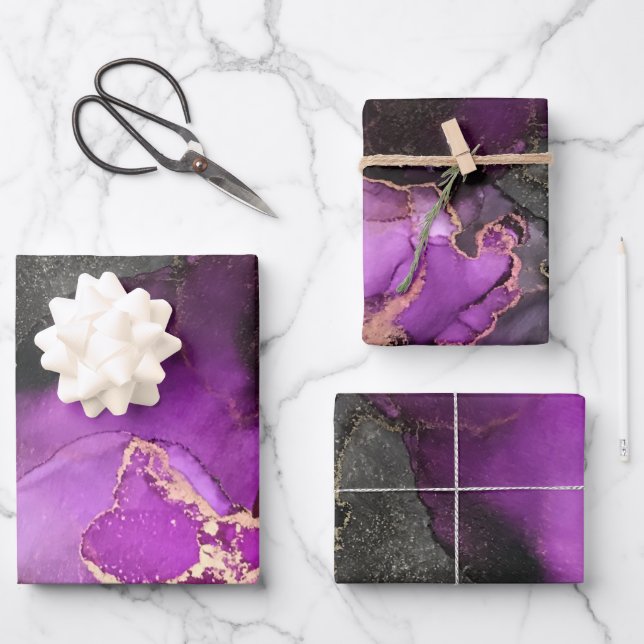 Abstract Pink Purple Black Gold Unique Art Wrapping Paper Sheets (Front)