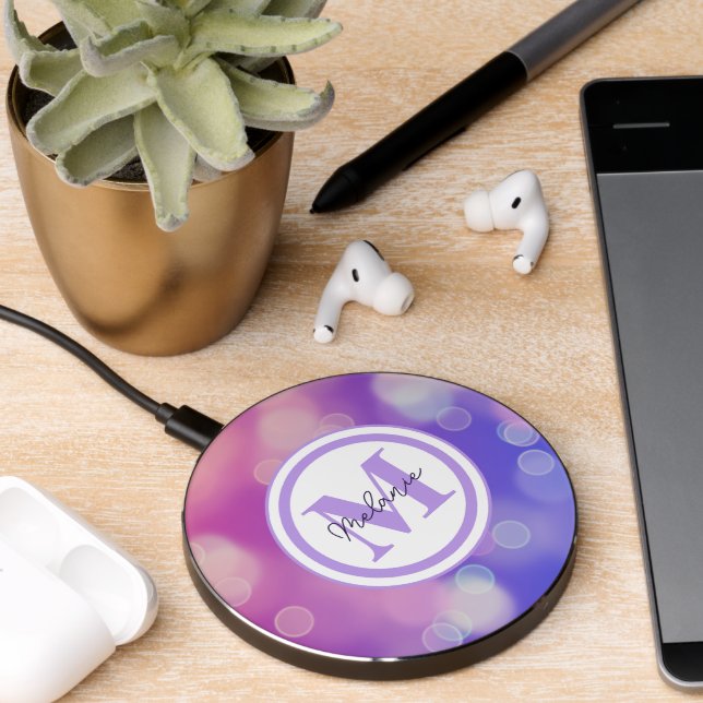 Abstract Pink Purple Blue Gradient Bokeh Monogram Wireless Charger (Desk 2)