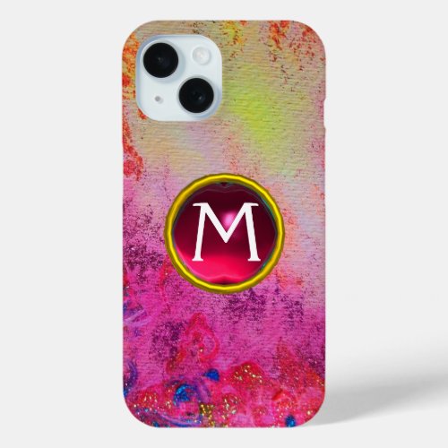 ABSTRACT PINK PURPLE FLORAL PINK GEM MONOGRAM iPhone 15 CASE