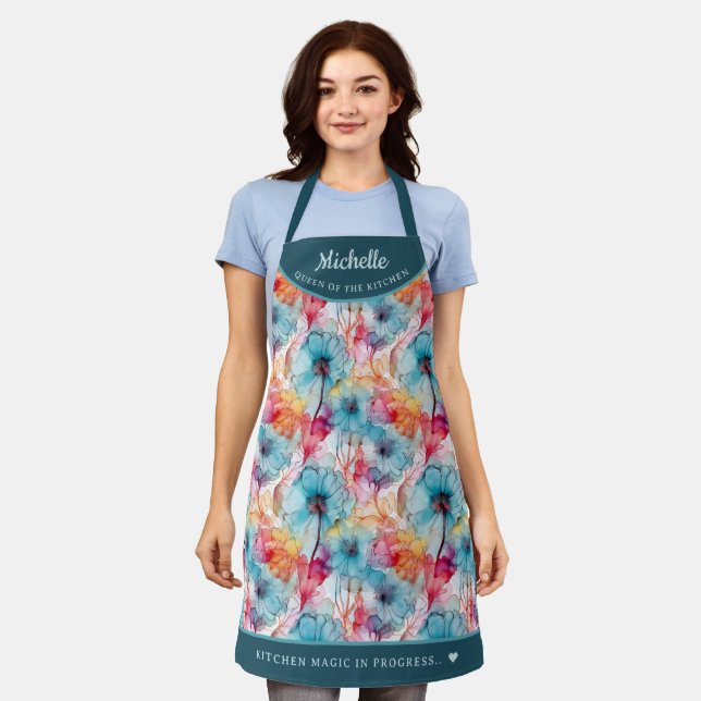 Abstract Pink Purple floral pretty personalized Apron (Worn)