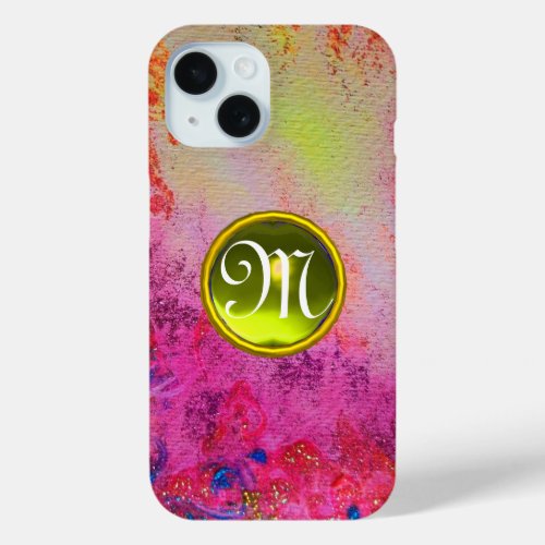 ABSTRACT PINK PURPLE FLORAL YELLOW GEM MONOGRAM  C iPhone 15 CASE
