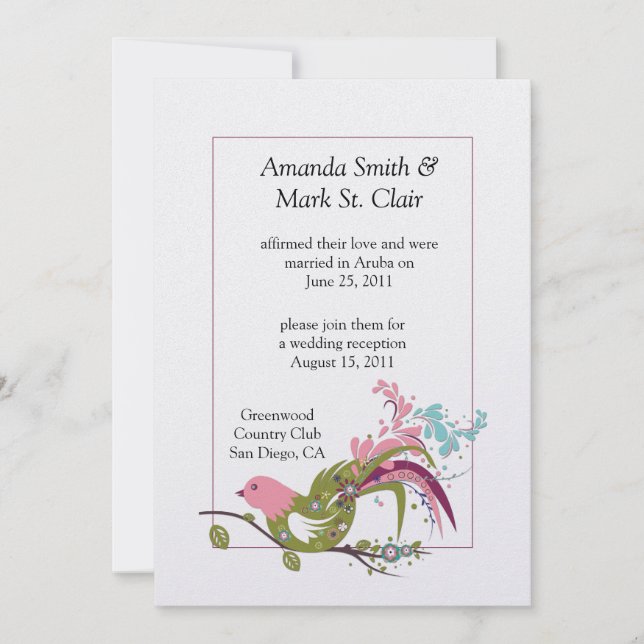 Abstract Pink Purple Green Bird Swirls Post W Invitation (Front)