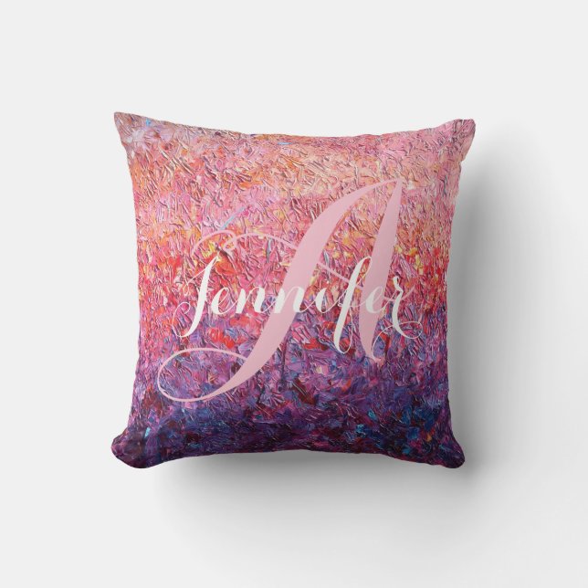 Abstract Pink purple monogrammed name initial Throw Pillow (Front)