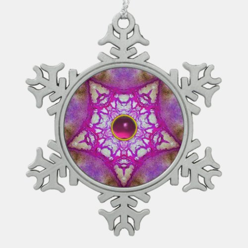 ABSTRACT PINK PURPLE STAR AND FUCHSIA AMETHYST GEM SNOWFLAKE PEWTER CHRISTMAS ORNAMENT