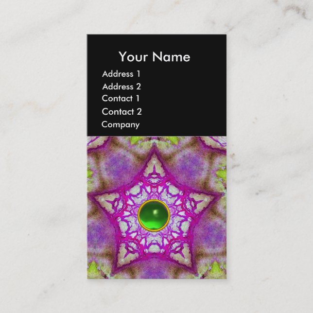 ABSTRACT PINK PURPLE STAR ,GREEN GEMSTONE MONOGRAM BUSINESS CARD (Front)
