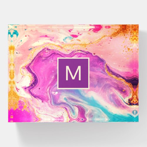 Abstract Pink Purple Swirl Gold Monogram Fine Art Paperweight