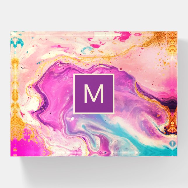 Abstract Pink Purple Swirl Gold Monogram Fine Art Paperweight (Front)