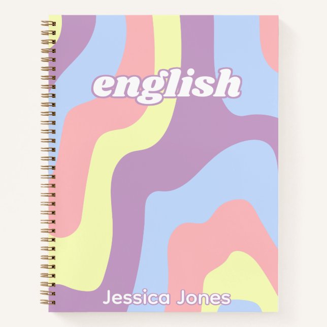 Abstract Pink Purple Wavy Lines Subject Name Notebook (Front)