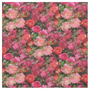 Abstract Pink & Red Roses with Greenery Fabric