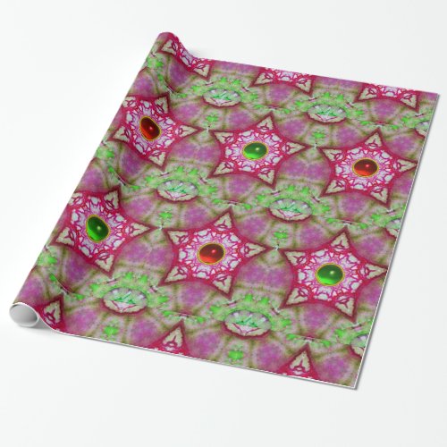 ABSTRACT PINK STARS WITH RED GREEN GEM STONES WRAPPING PAPER