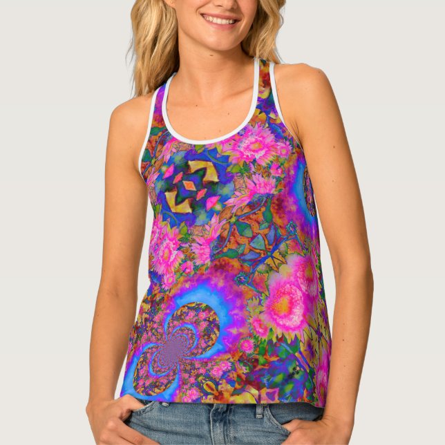 Abstract pink sunflower fields, retro flowers tank top (Front)