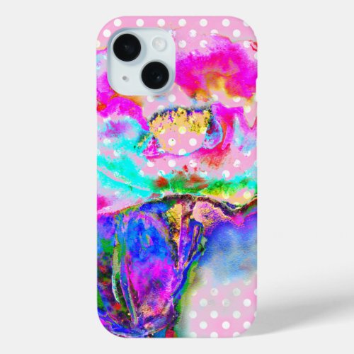 Abstract pink teal floral watercolor polka dots iPhone 15 case