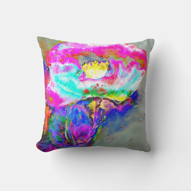 Abstract Pink teal watercolor floral Throw Pillow (Front)