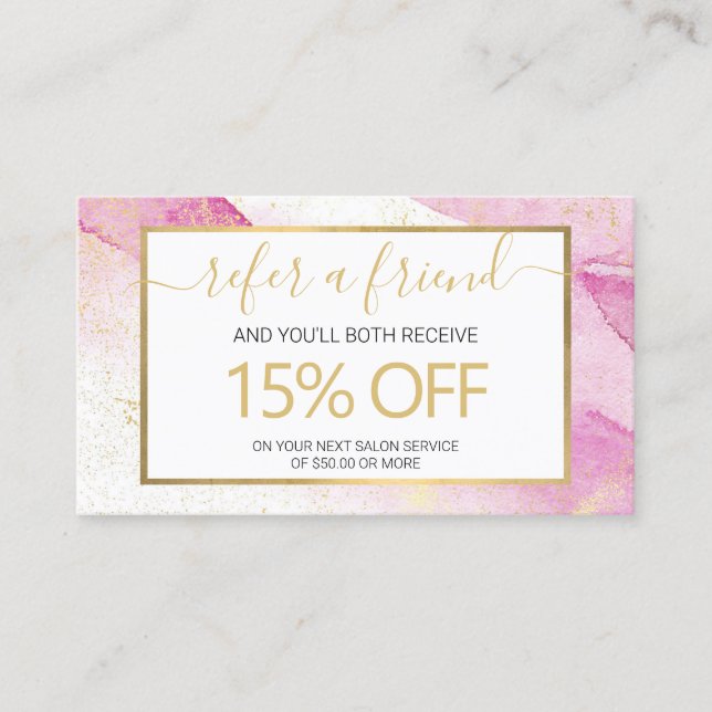 Abstract Pink Watercolor Faux Gold Dust Referral Business Card (Front)