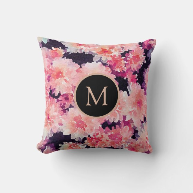 Abstract pink watercolor floral chic monogram throw pillow (Front)
