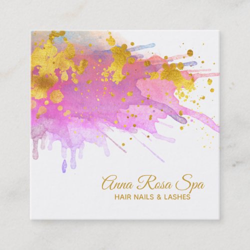  Abstract Pink Watercolor Gold Luxe Glam Bold Square Business Card