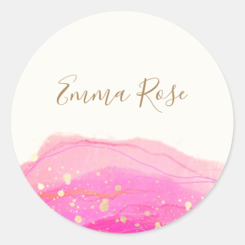 Abstract Pink Watercolor Gold Splatter  No Classic Round Sticker