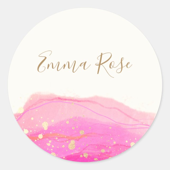 Abstract Pink Watercolor Gold Splatter  No Classic Round Sticker (Front)